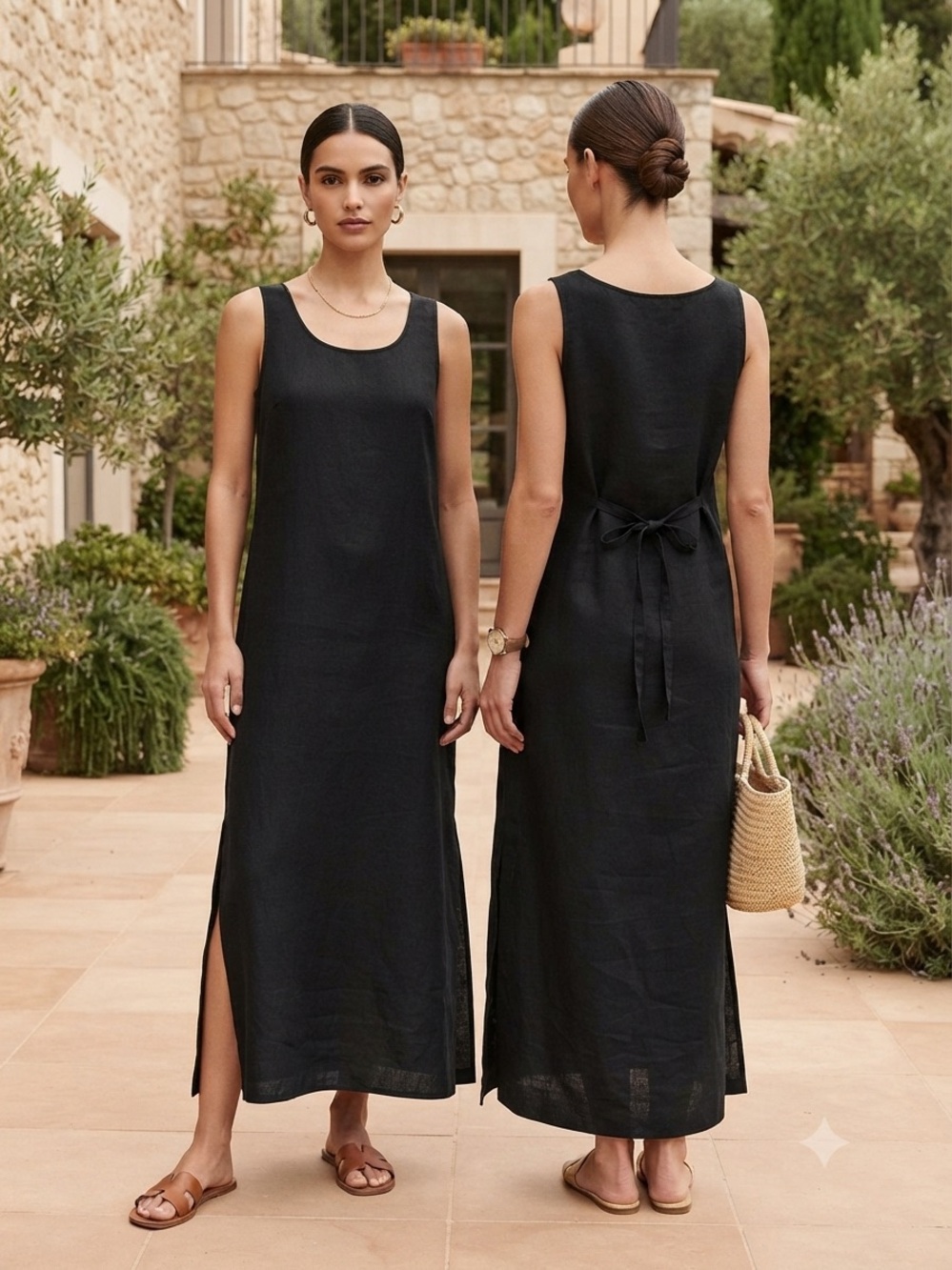 obbie Bee Vintage 90s Black Linen Blend Midi Dress Size 12 Side Slit